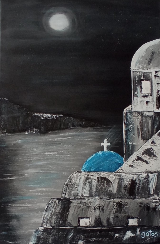 Santorini at night — painting by gatos